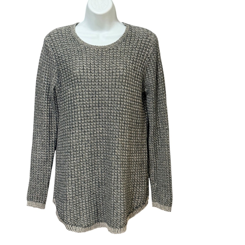 Jeanne Pierre Womens Black White Marled Cotton Waffle Knit Sweater Size L Curved
